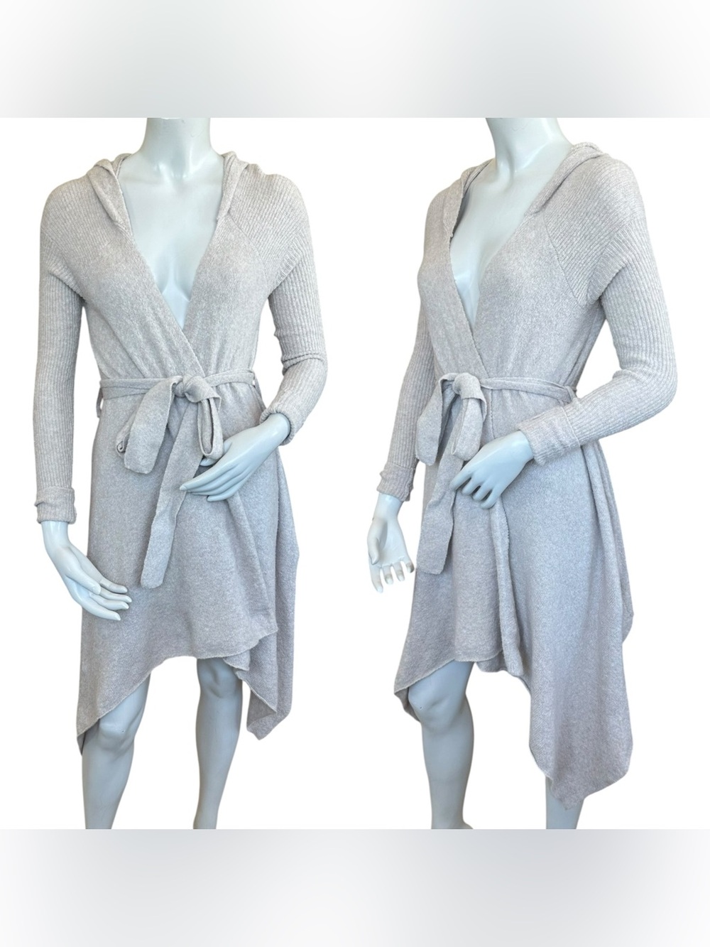 Free People Taupe Beige Hooded Longline Belted Wool Blend Cardigan Size XS